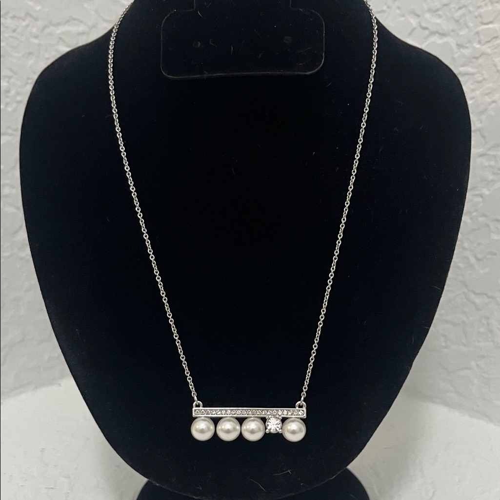 Silver Cubic Zirconia Pearl Bar Pendant Necklace 36$